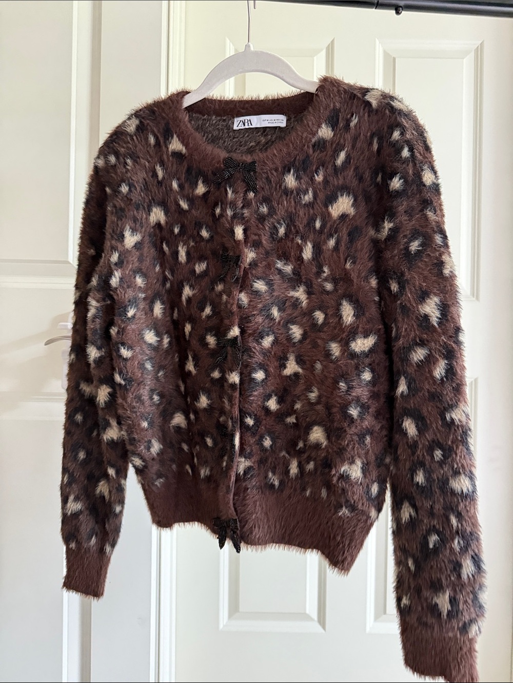 Zara Brown Leopard-Print Fuzzy Cardigan